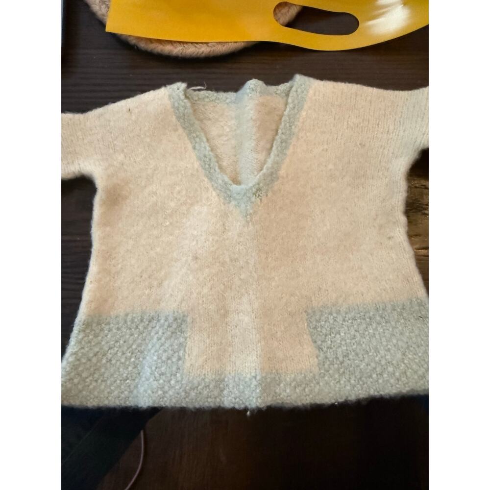Vtg Hand Knit Angora Mohair Baby Sweater Blue/Cream VNeck Seed Stitch Hand Knit